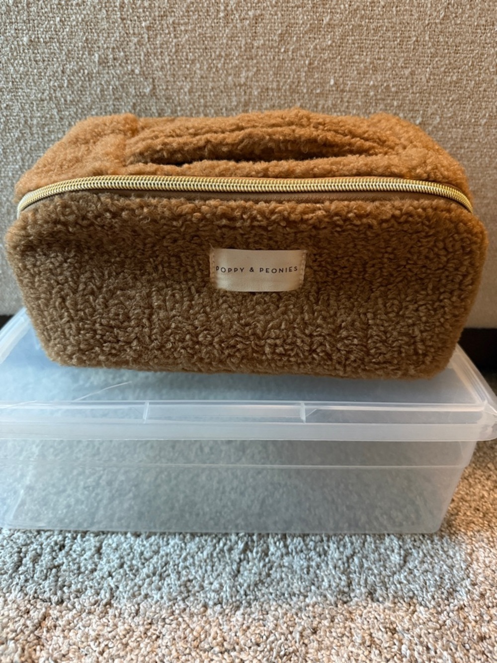 Poppy & Peonies Teddy Faux Shearling Makeup Bag - Brown with Gold Zipper